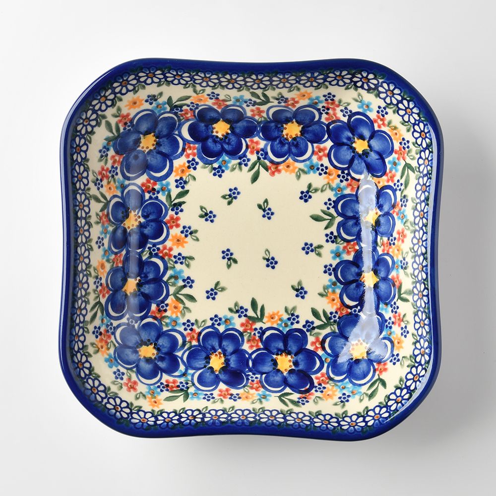 Handmade Polish Pottery Vena square deep plate 20cm spring bouquet Boleslawiec Ceramics