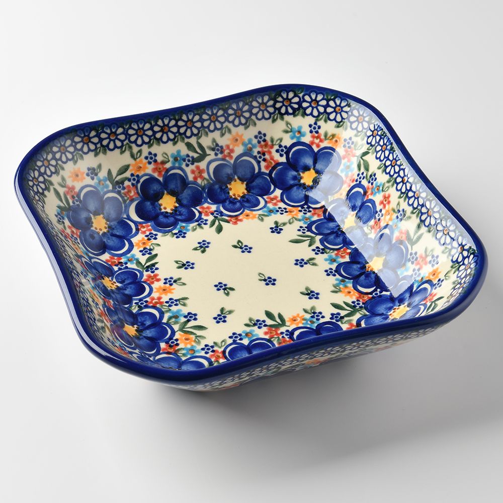 Handmade Polish Pottery Vena square deep plate 20cm spring bouquet Boleslawiec Ceramics