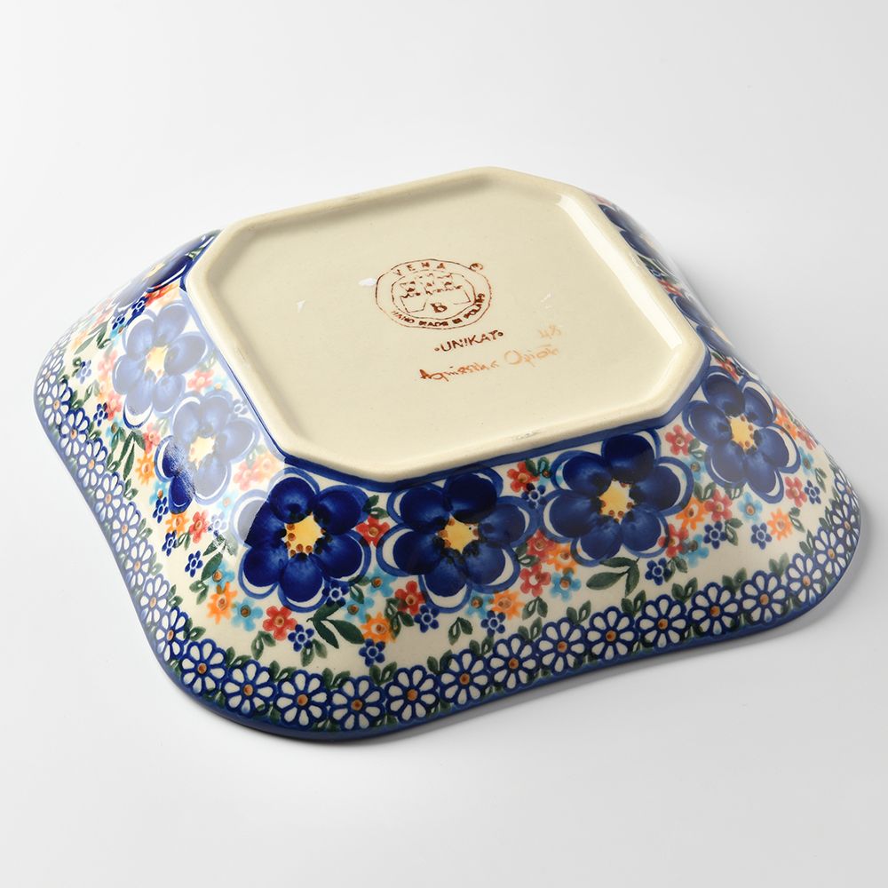 Handmade Polish Pottery Vena square deep plate 20cm spring bouquet Boleslawiec Ceramics