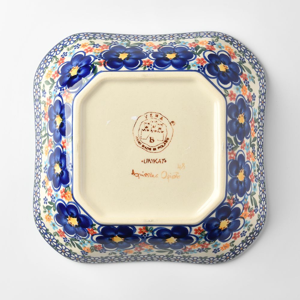Handmade Polish Pottery Vena square deep plate 20cm spring bouquet Boleslawiec Ceramics