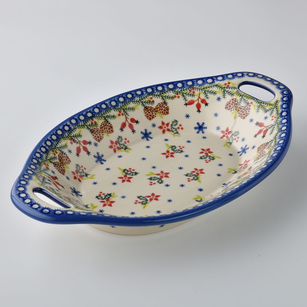 Handmade Polish Pottery Vena long deep serving platter with handles 32.5cm winter paradise Boleslawiec Ceramics