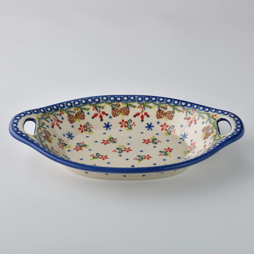 Handmade Polish Pottery Vena long deep serving platter with handles 32.5cm winter paradise Boleslawiec Ceramics