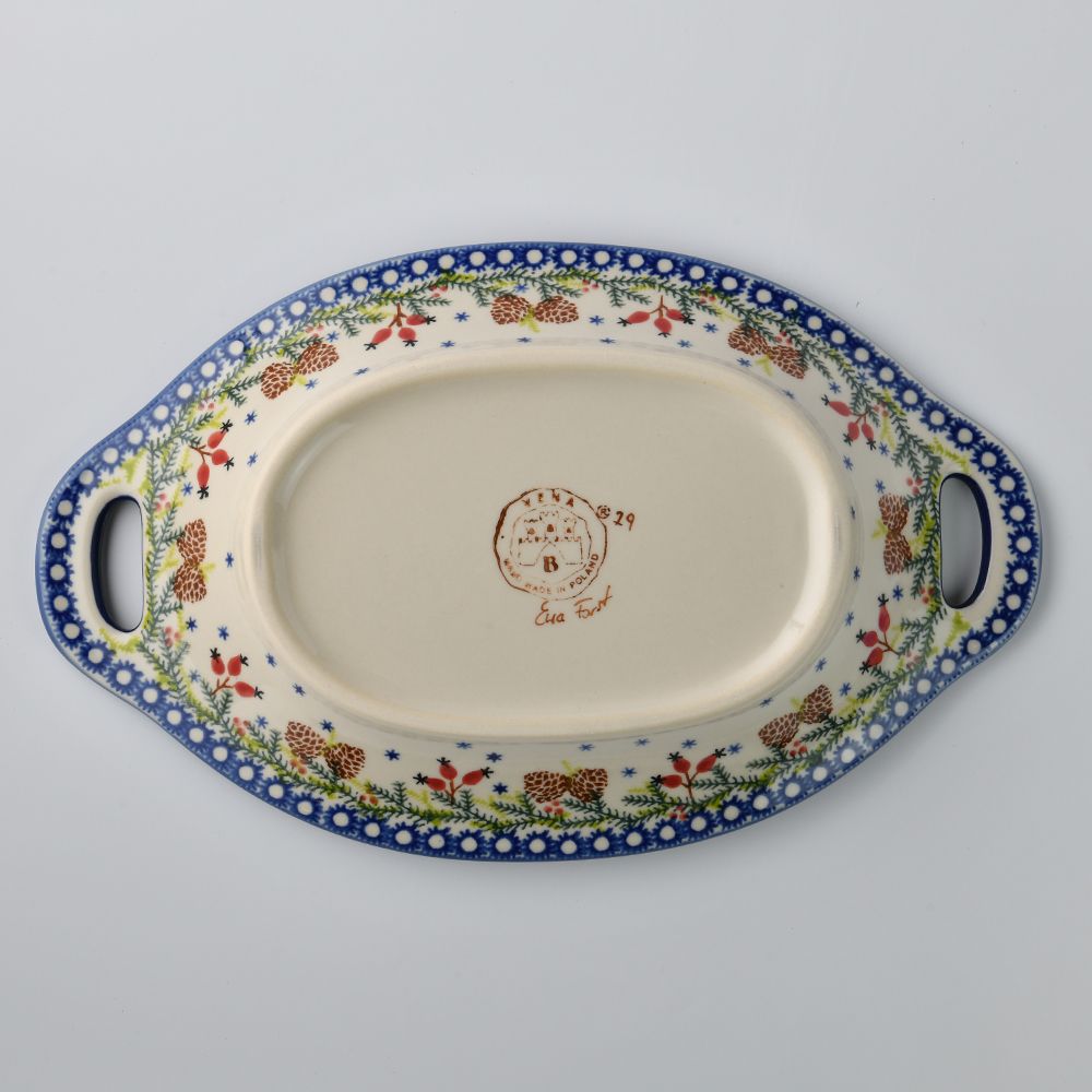 Handmade Polish Pottery Vena long deep serving platter with handles 32.5cm winter paradise Boleslawiec Ceramics