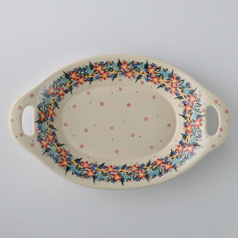 Handmade Polish Pottery Vena long deep serving platter with handles 32.5cm floral dream Boleslawiec Ceramics