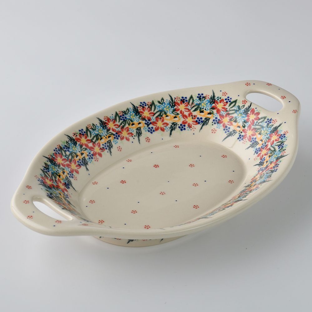 Handmade Polish Pottery Vena long deep serving platter with handles 32.5cm floral dream Boleslawiec Ceramics