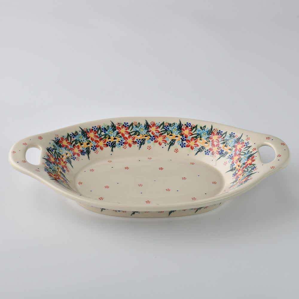 Handmade Polish Pottery Vena long deep serving platter with handles 32.5cm floral dream Boleslawiec Ceramics