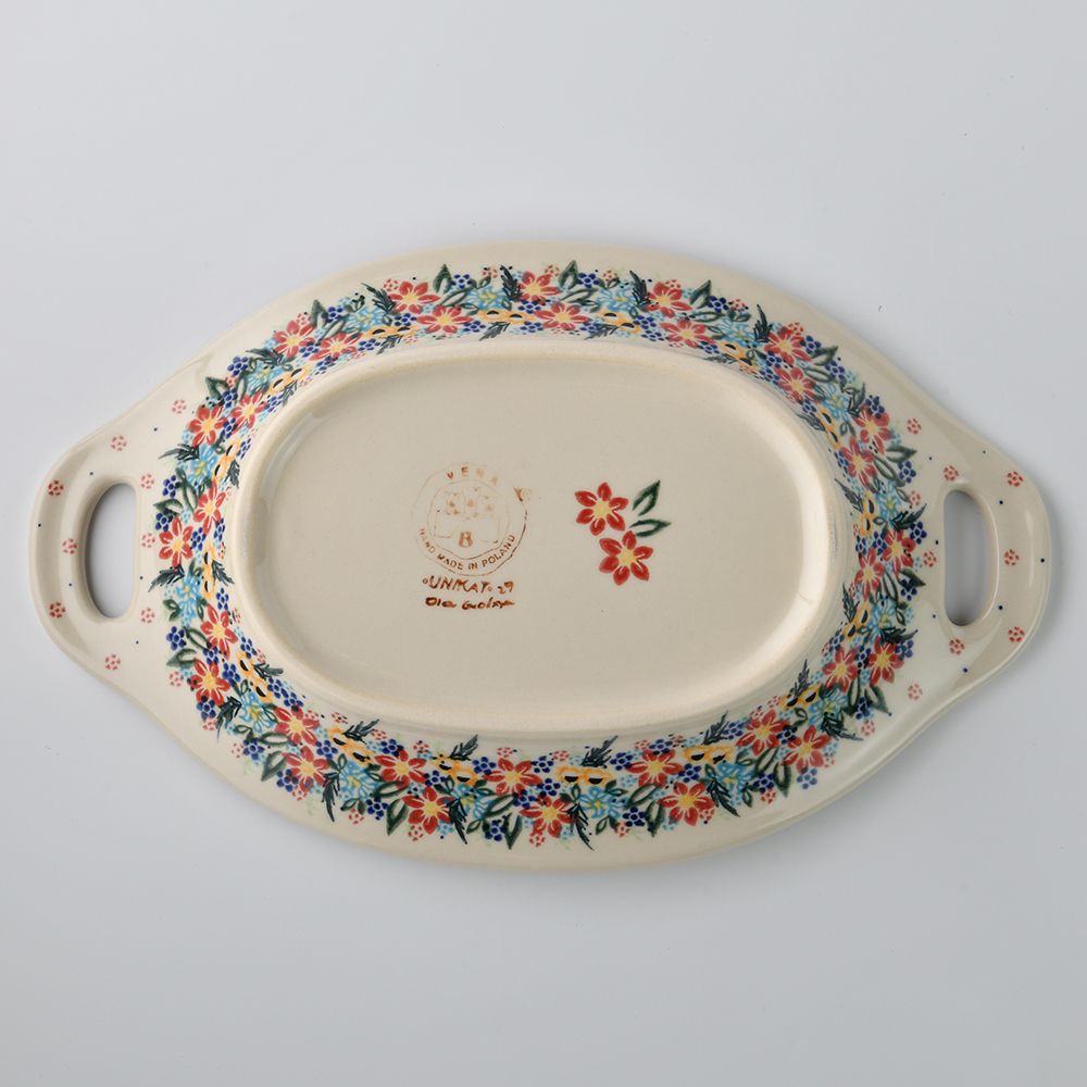 Handmade Polish Pottery Vena long deep serving platter with handles 32.5cm floral dream Boleslawiec Ceramics