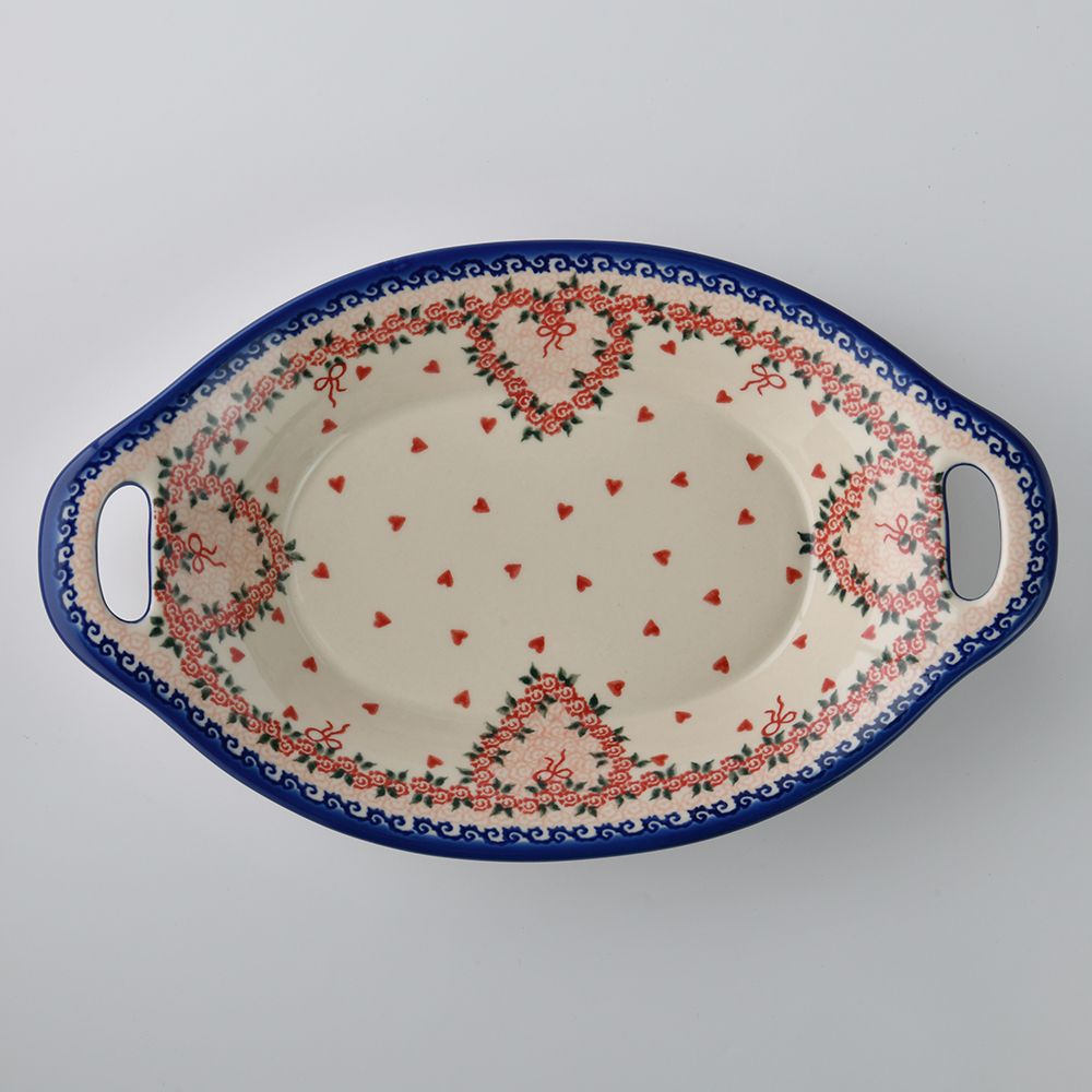 Handmade Polish Pottery Vena long deep serving platter with handles 32.5cm sweet heart Boleslawiec Ceramics