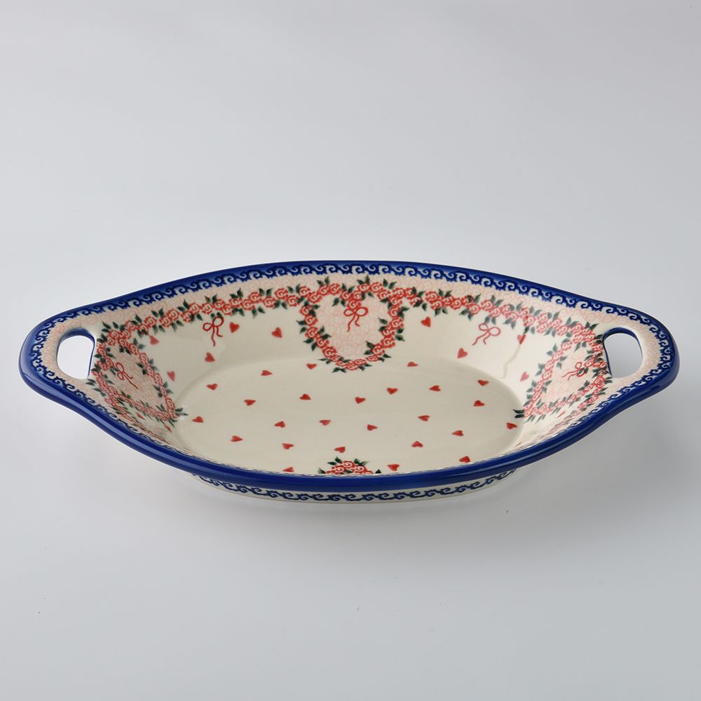 Handmade Polish Pottery Vena long deep serving platter with handles 32.5cm sweet heart Boleslawiec Ceramics