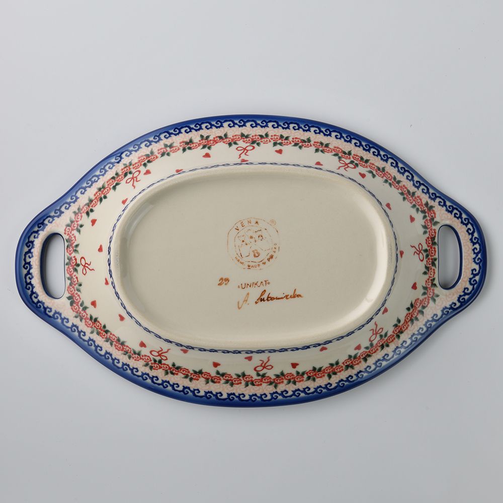 Handmade Polish Pottery Vena long deep serving platter with handles 32.5cm sweet heart Boleslawiec Ceramics