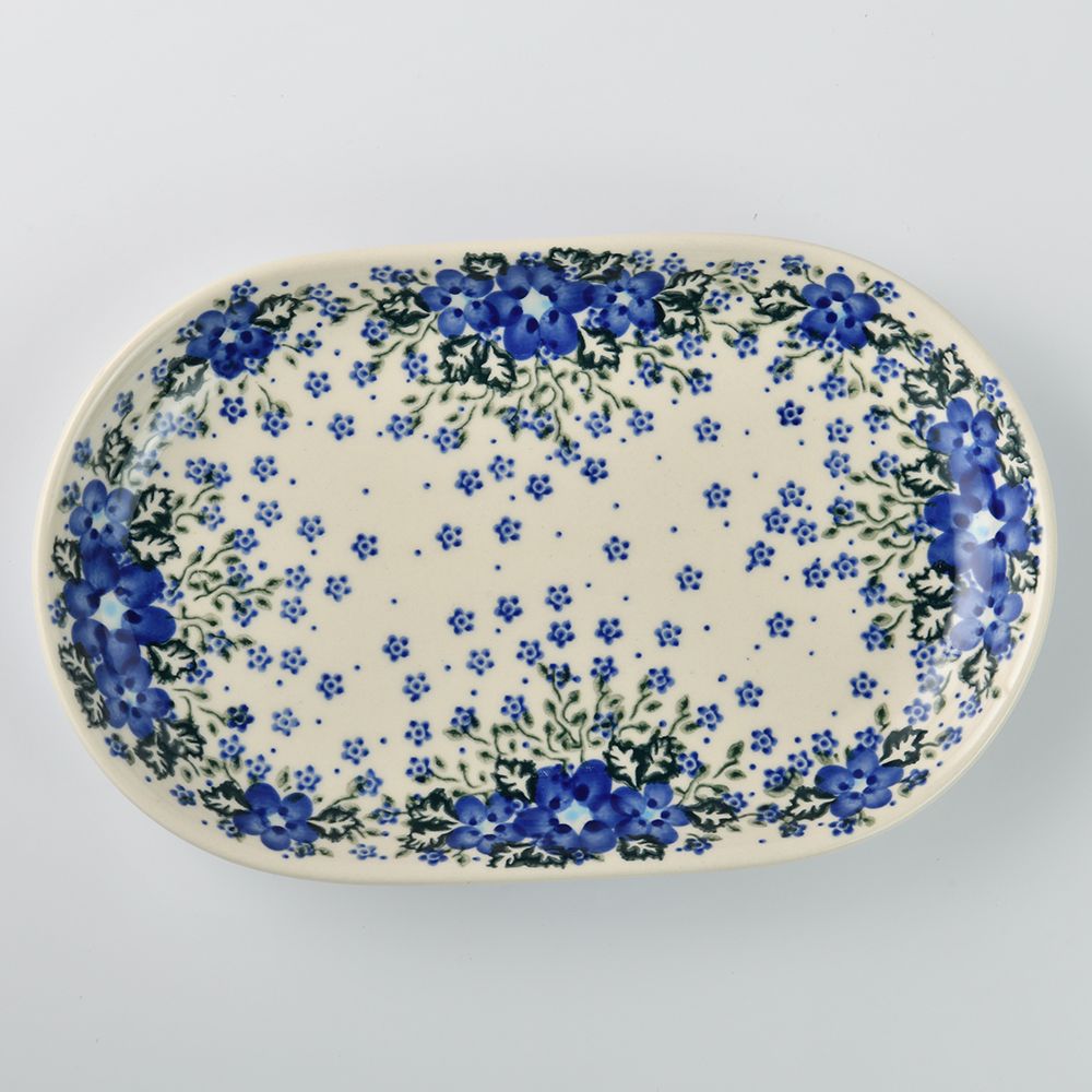 Handmade Polish Pottery Vena oval serving platter 27.5cm blue fantasy Boleslawiec Ceramics