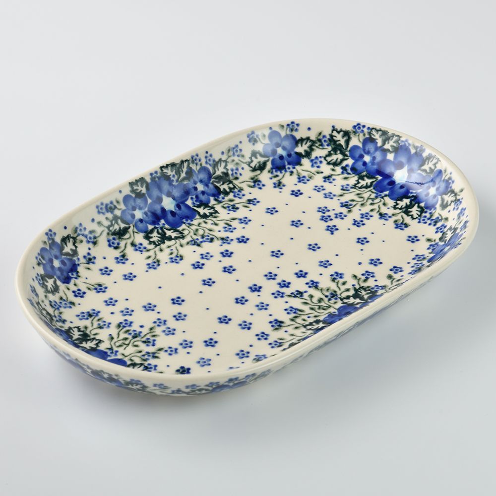 Handmade Polish Pottery Vena oval serving platter 27.5cm blue fantasy Boleslawiec Ceramics