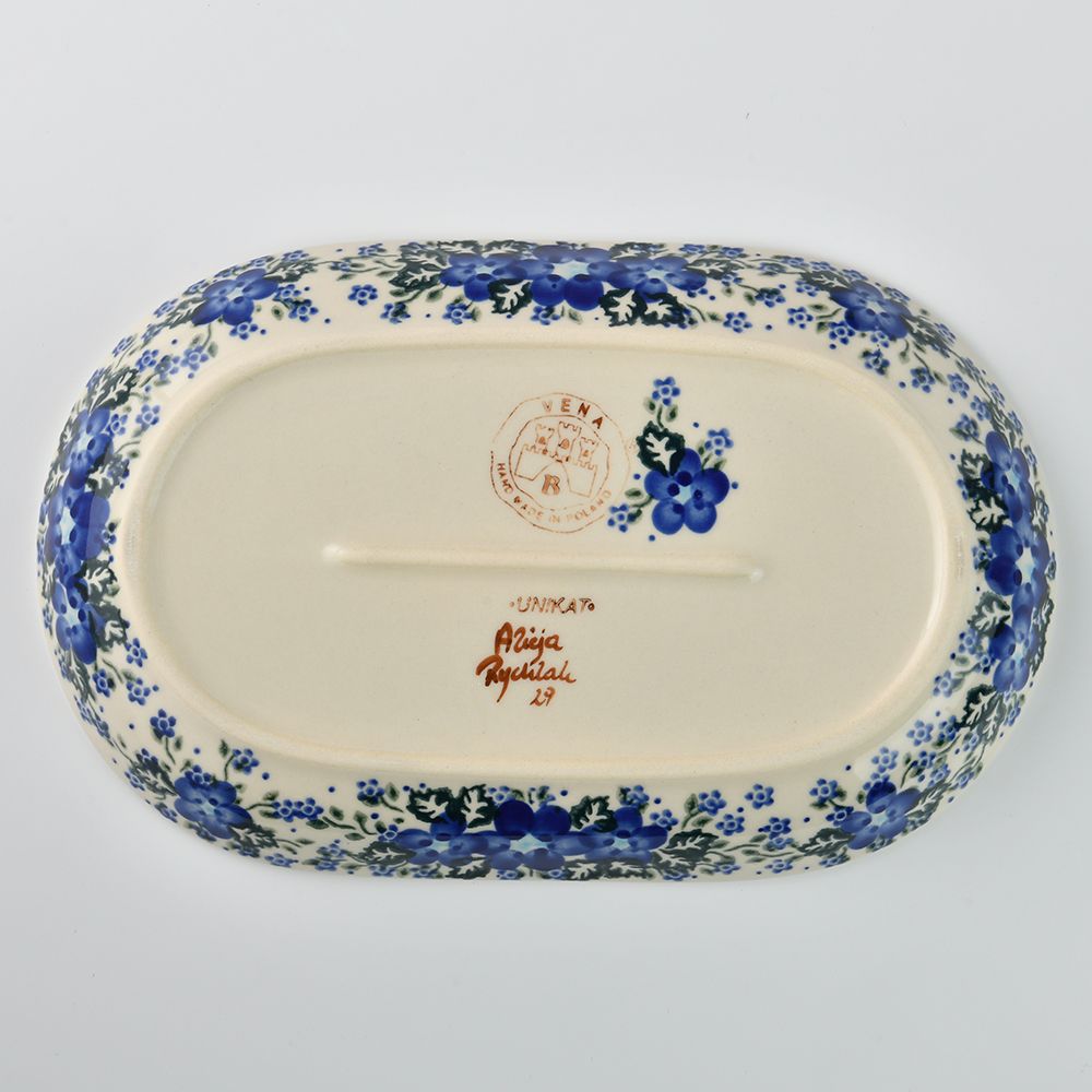 Handmade Polish Pottery Vena oval serving platter 27.5cm blue fantasy Boleslawiec Ceramics