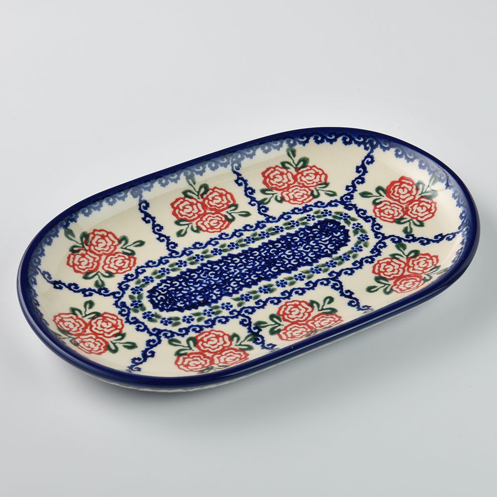 Handmade Polish Pottery Vena oval serving platter 24cm rose garden Boleslawiec Ceramics