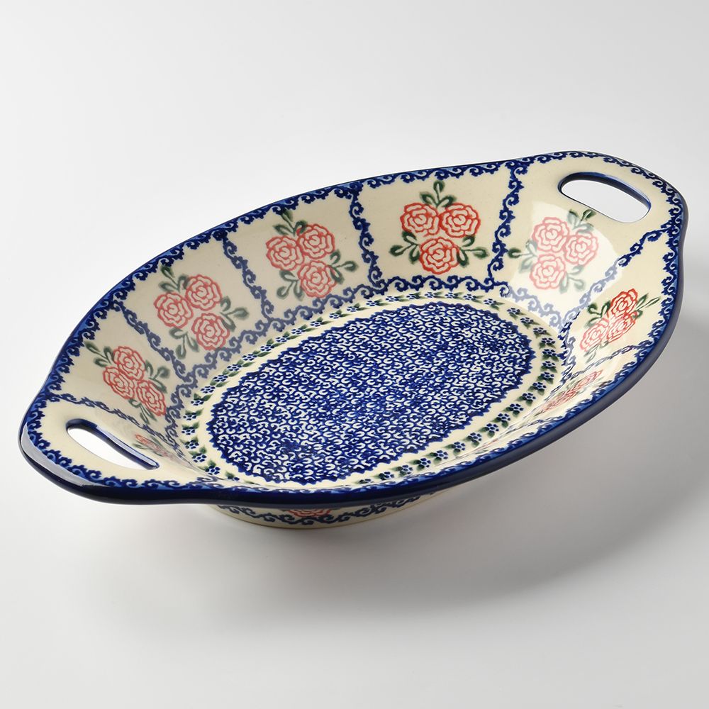 Handmade Polish Pottery Vena long deep serving platter with handles 32.5cm rose garden Boleslawiec Ceramics