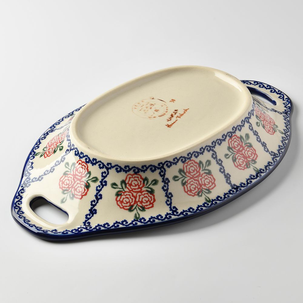 Handmade Polish Pottery Vena long deep serving platter with handles 32.5cm rose garden Boleslawiec Ceramics