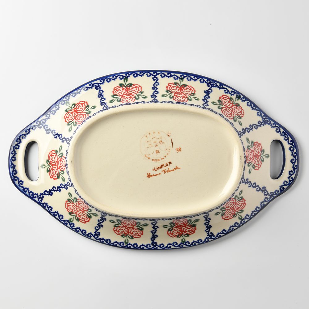 Handmade Polish Pottery Vena long deep serving platter with handles 32.5cm rose garden Boleslawiec Ceramics