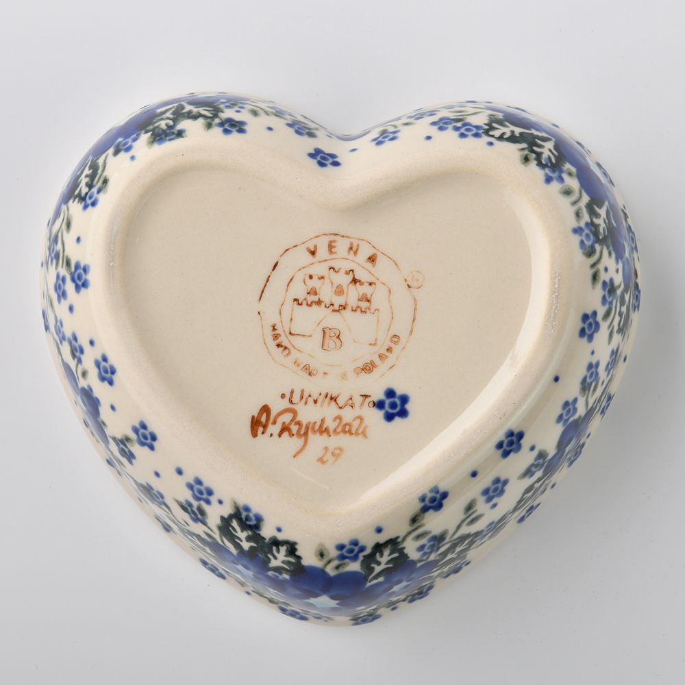Handmade Polish Pottery Vena heart shaped bowl,snack bowl,13.5cm blue fantasy Boleslawiec Ceramics