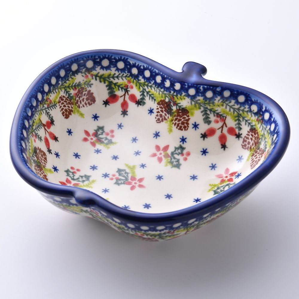 Handmade Polish Pottery Vena apple shaped bowl,snack bowl,16cm winter paradise Boleslawiec Ceramics