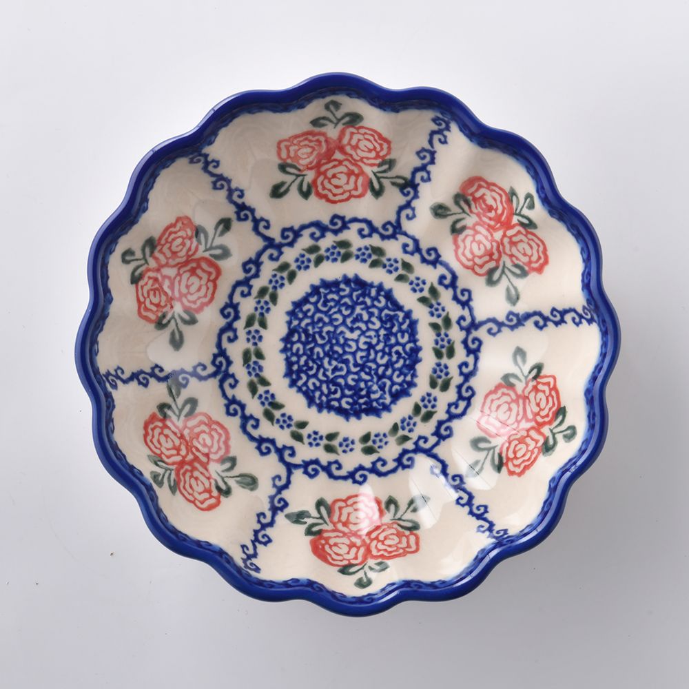 Handmade Polish Pottery Vena fluted bowl,snack bowl,16cm rose garden Boleslawiec Ceramics