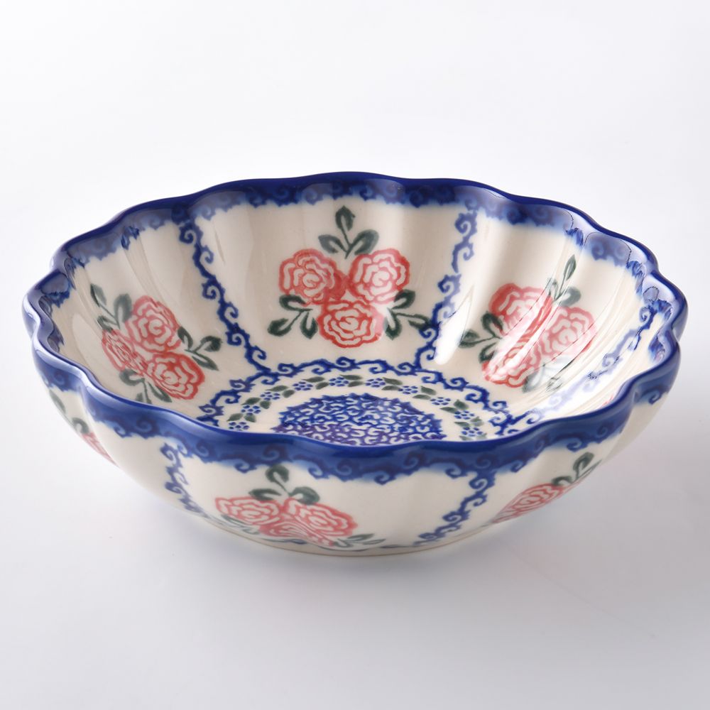 Handmade Polish Pottery Vena fluted bowl,snack bowl,16cm rose garden Boleslawiec Ceramics