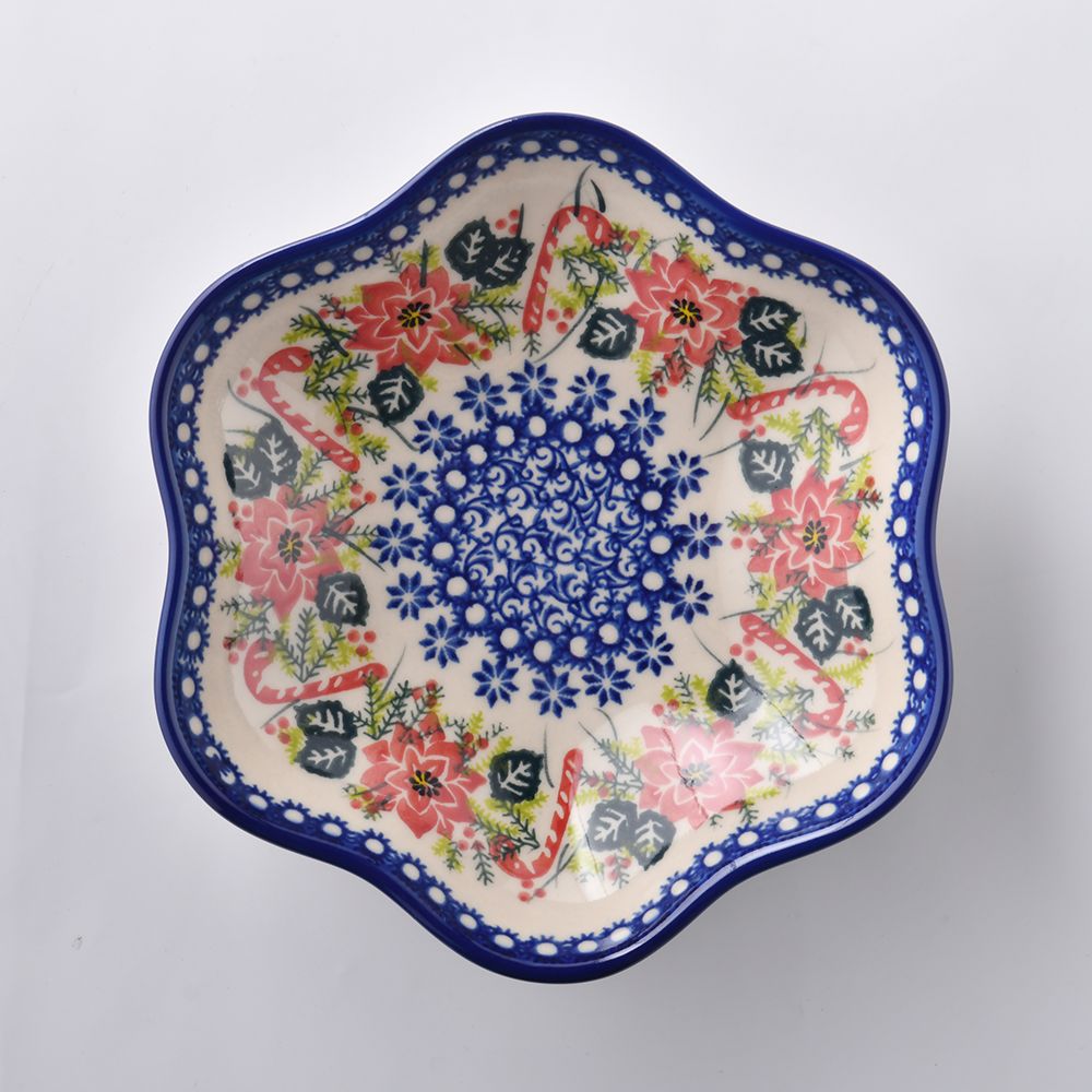 Handmade Polish Pottery Vena flower shaped plate,serving plate,20cm christmas night Boleslawiec Ceramics