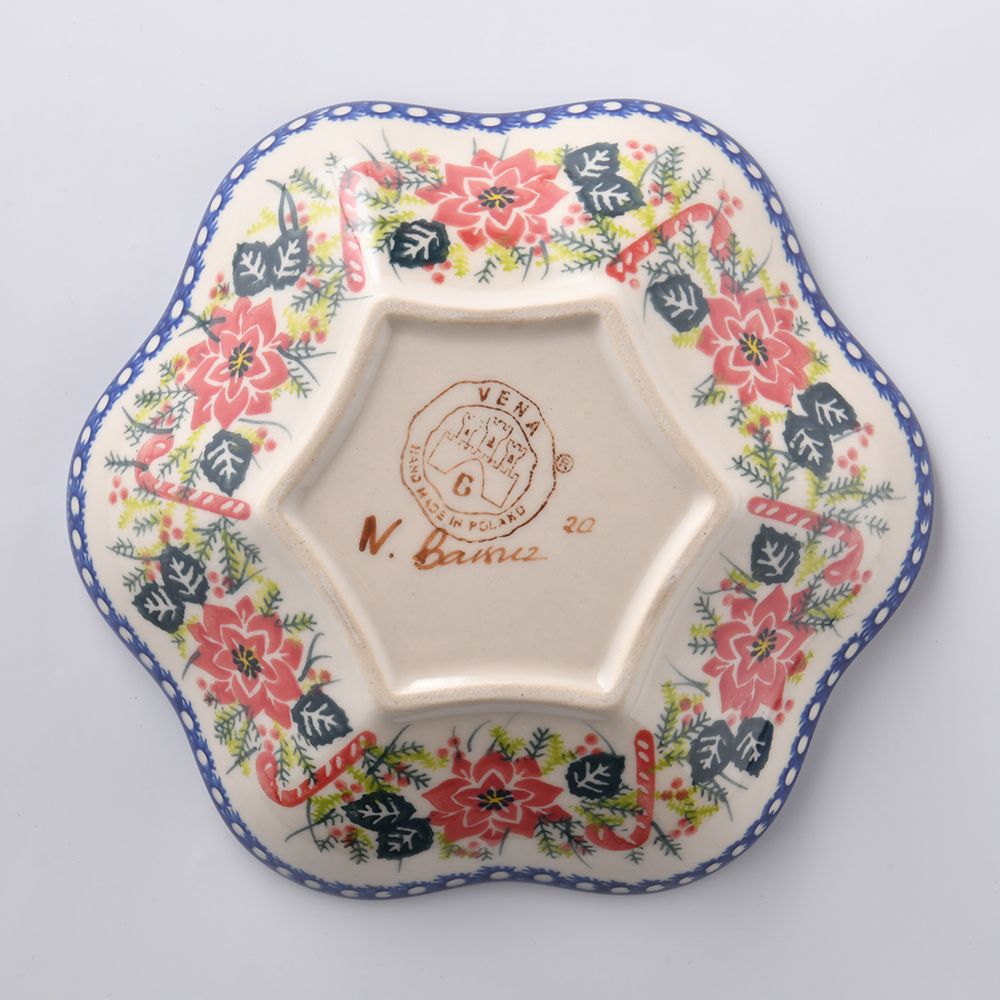 Handmade Polish Pottery Vena flower shaped plate,serving plate,20cm christmas night Boleslawiec Ceramics