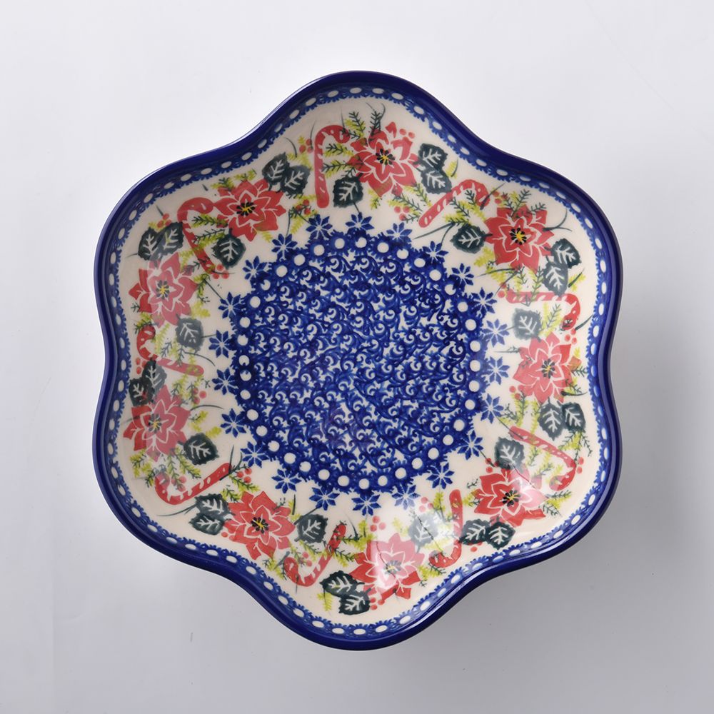 Handmade Polish Pottery Vena flower shaped plate,serving plate,24cm christmas night Boleslawiec Ceramics