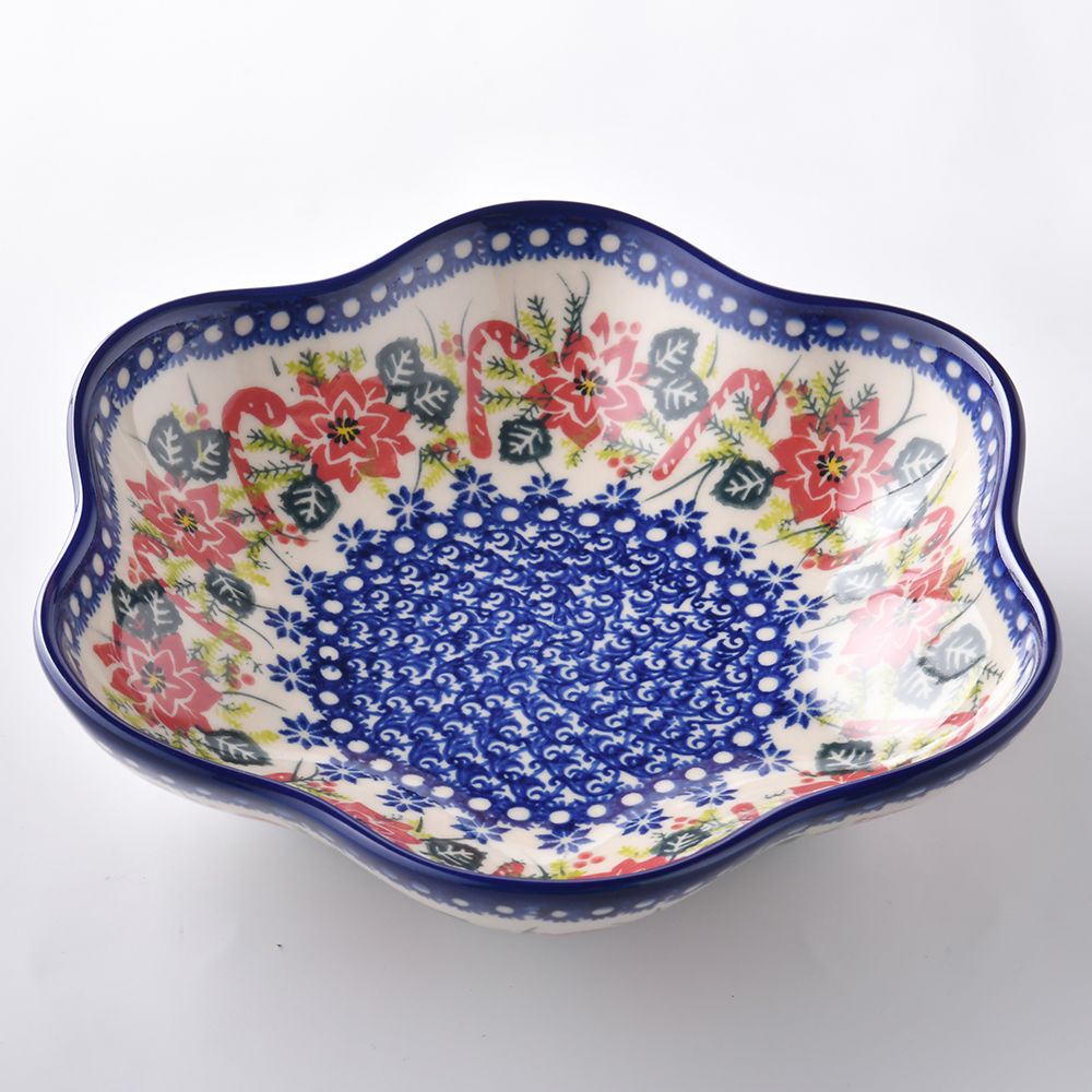 Handmade Polish Pottery Vena flower shaped plate,serving plate,24cm christmas night Boleslawiec Ceramics