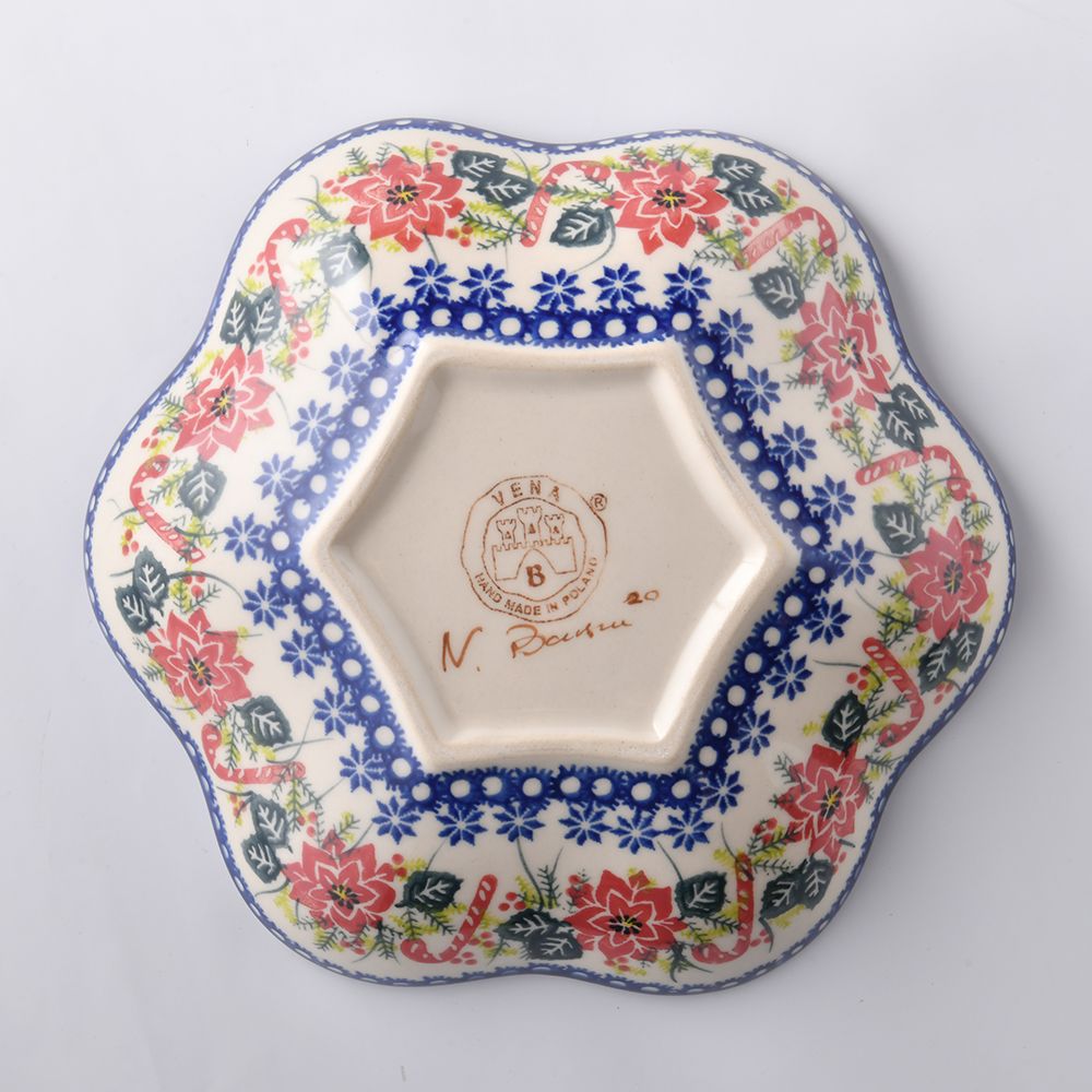 Handmade Polish Pottery Vena flower shaped plate,serving plate,24cm christmas night Boleslawiec Ceramics