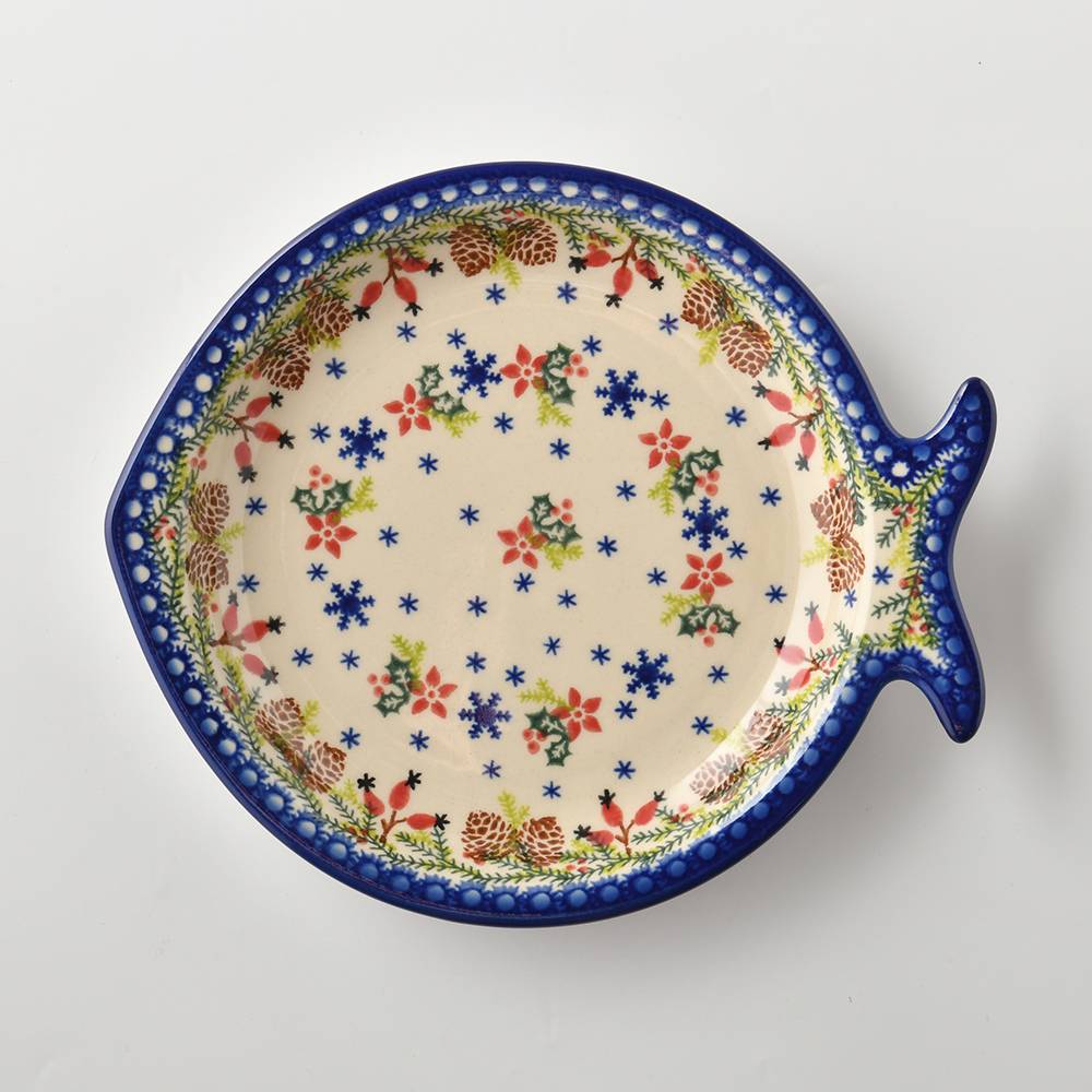 Handmade Polish Pottery Vena fish shaped platter,serving platter,22cm winter paradise Boleslawiec Ceramics