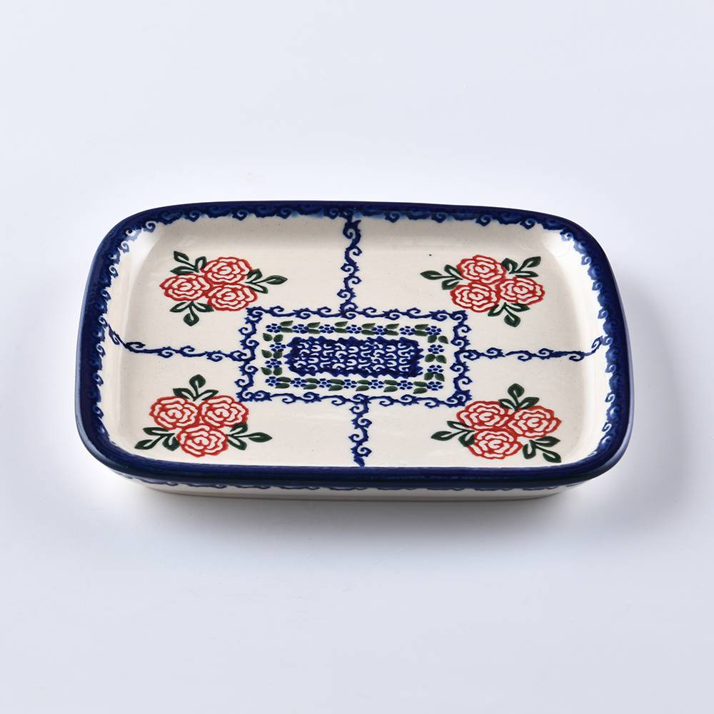 Handmade Polish Pottery Vena rectangular plate 17cm rose garden Boleslawiec Ceramics