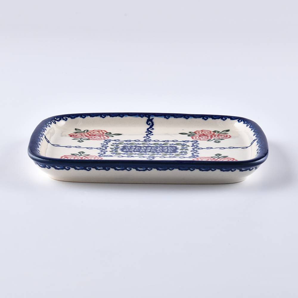 Handmade Polish Pottery Vena rectangular plate 17cm rose garden Boleslawiec Ceramics