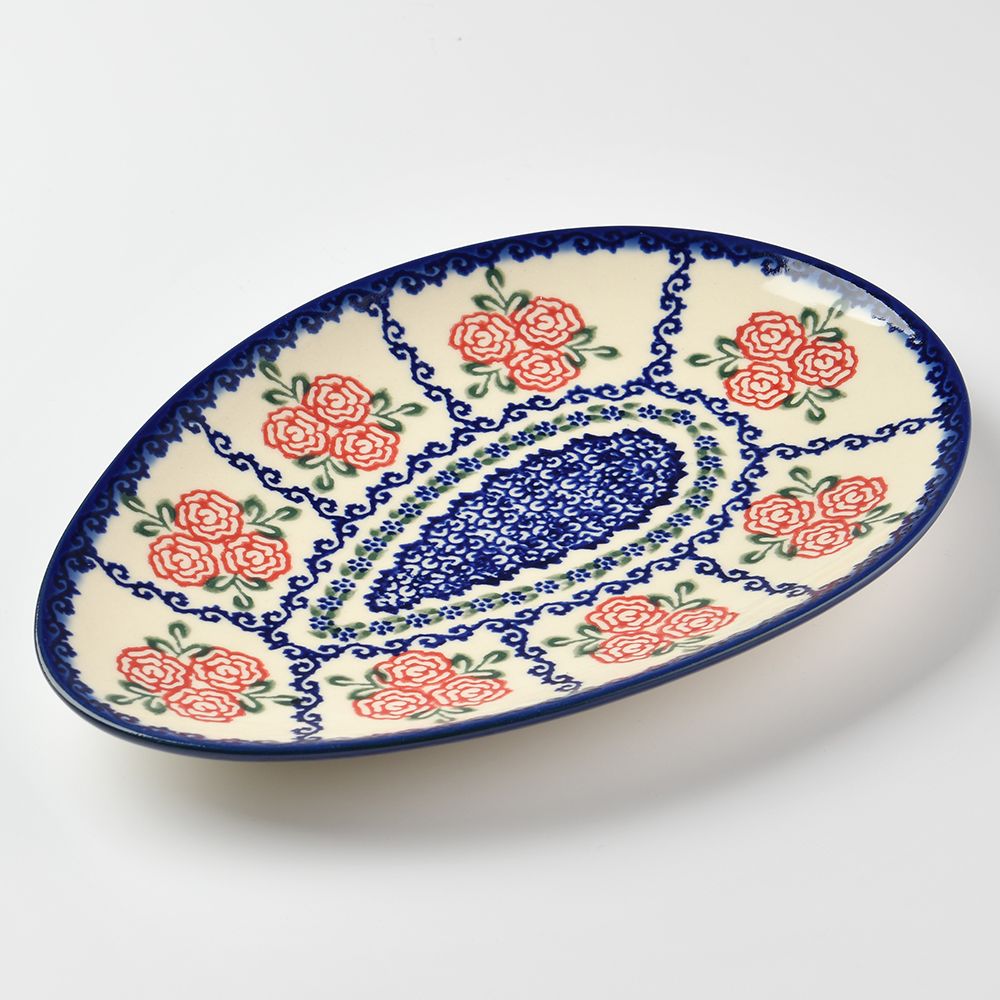 Handmade Polish Pottery Vena egg shaped plate,serving plate,25cm rose garden Boleslawiec Ceramics