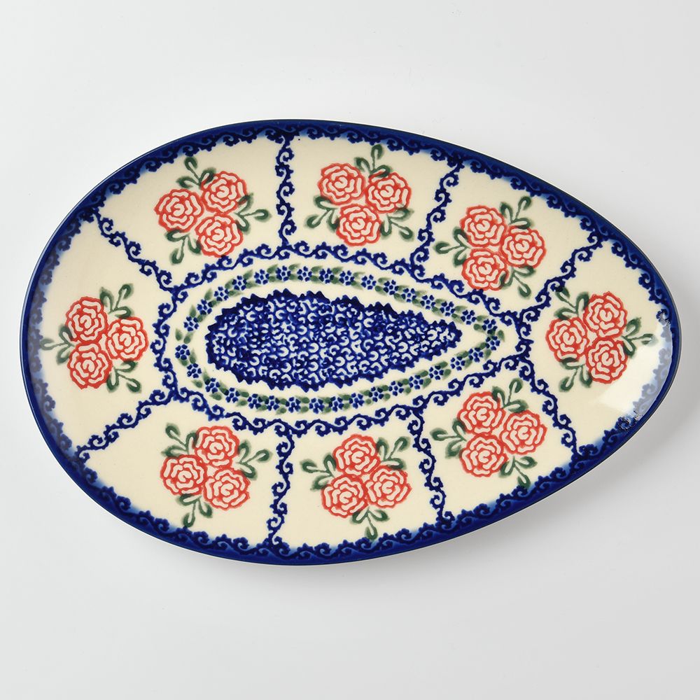 Handmade Polish Pottery Vena egg shaped plate,serving plate,25cm rose garden Boleslawiec Ceramics