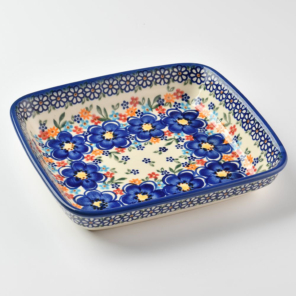 Handmade Polish Pottery Vena rectangular deep plate 20cm spring bouquet Boleslawiec Ceramics