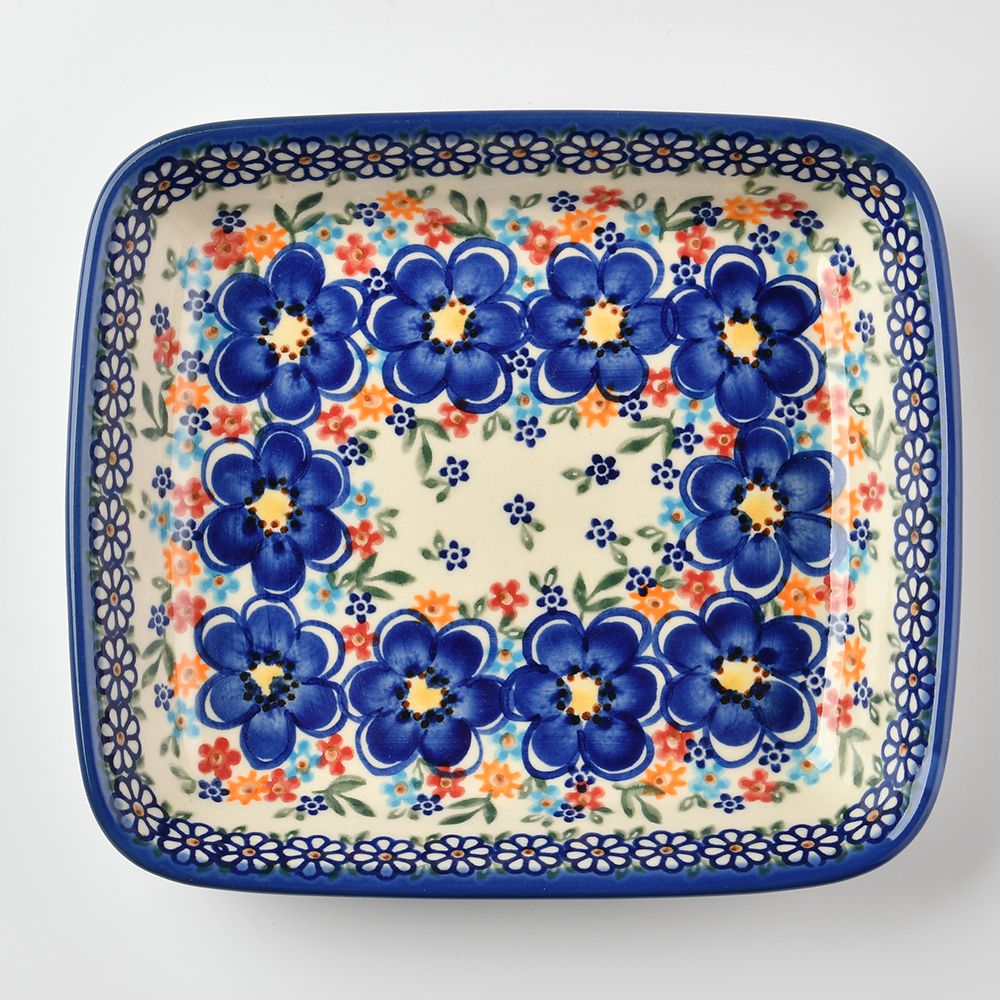 Handmade Polish Pottery Vena rectangular deep plate 20cm spring bouquet Boleslawiec Ceramics