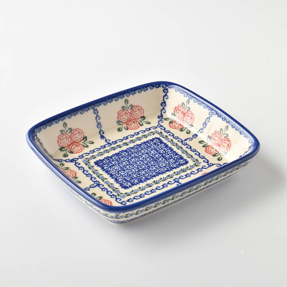 Handmade Polish Pottery Vena rectangular deep plate 20cm rose garden Boleslawiec Ceramics