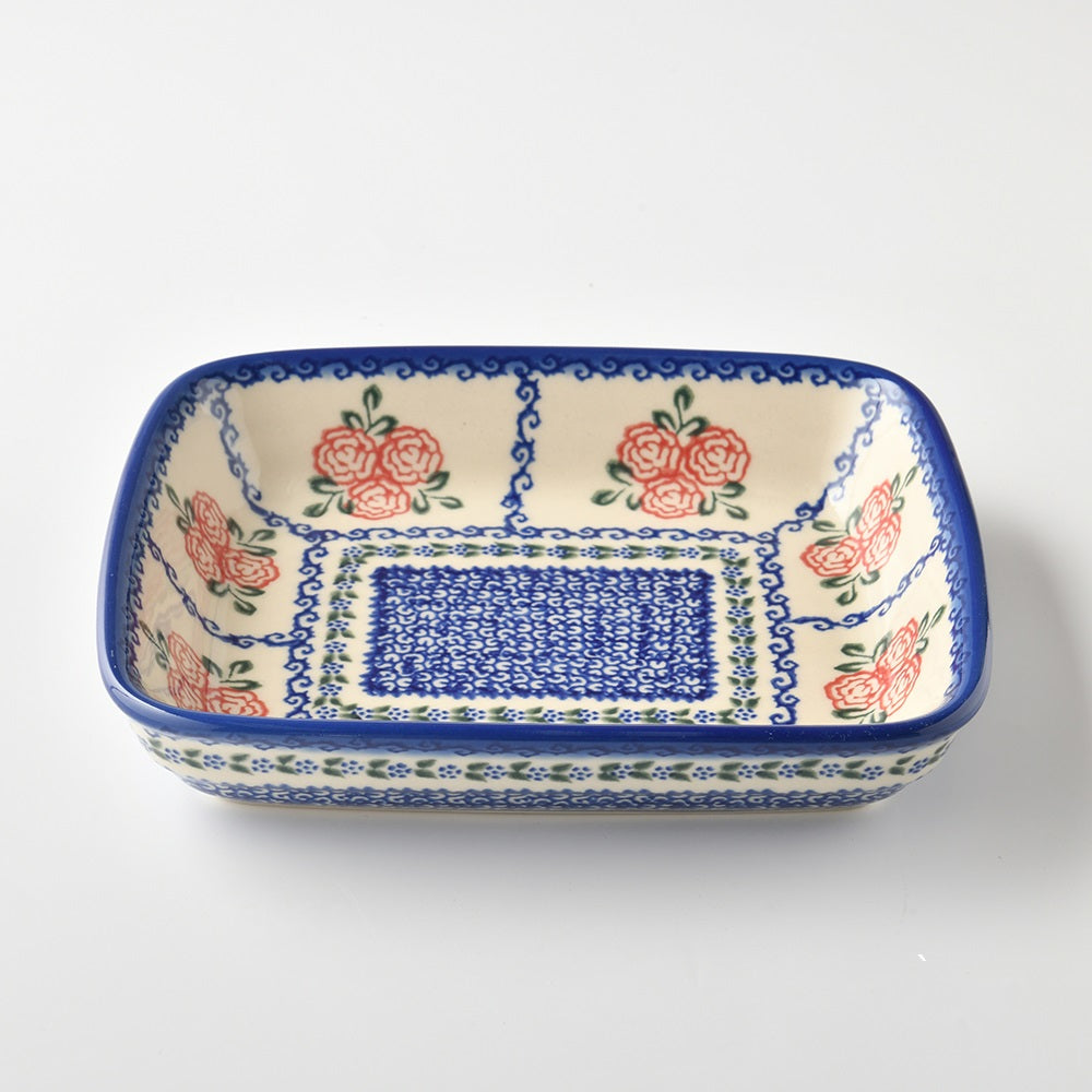 Handmade Polish Pottery Vena rectangular deep plate 20cm rose garden Boleslawiec Ceramics