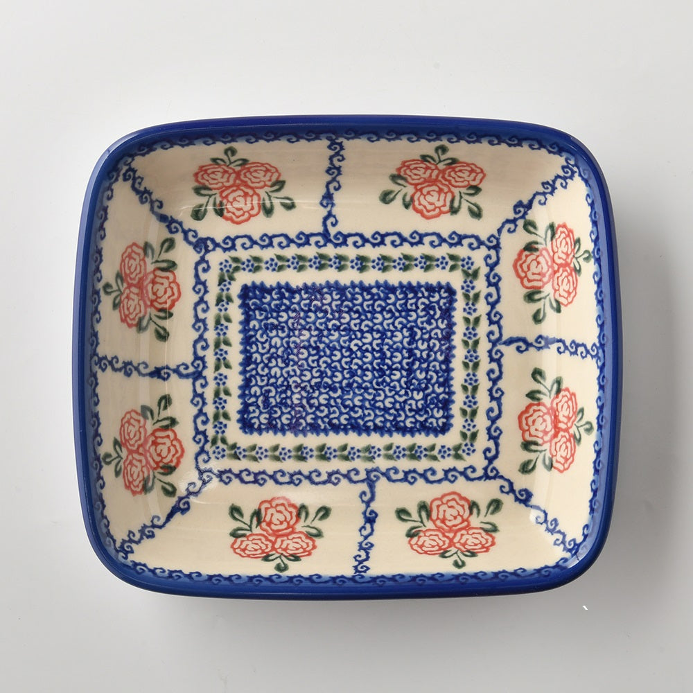 Handmade Polish Pottery Vena rectangular deep plate 20cm rose garden Boleslawiec Ceramics