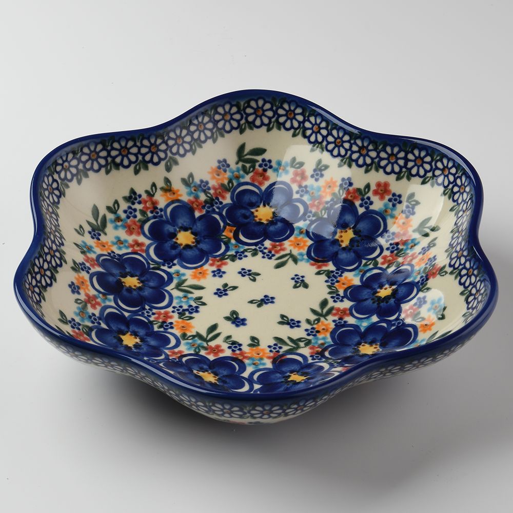 Handmade Polish Pottery Vena flower shaped plate,serving plate,24cm spring bouquet Boleslawiec Ceramics