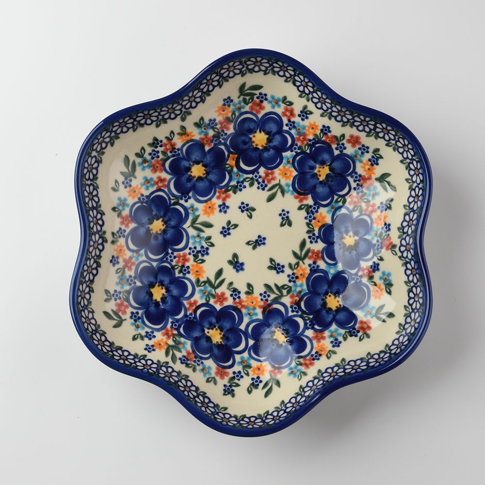 Handmade Polish Pottery Vena flower shaped plate,serving plate,24cm spring bouquet Boleslawiec Ceramics