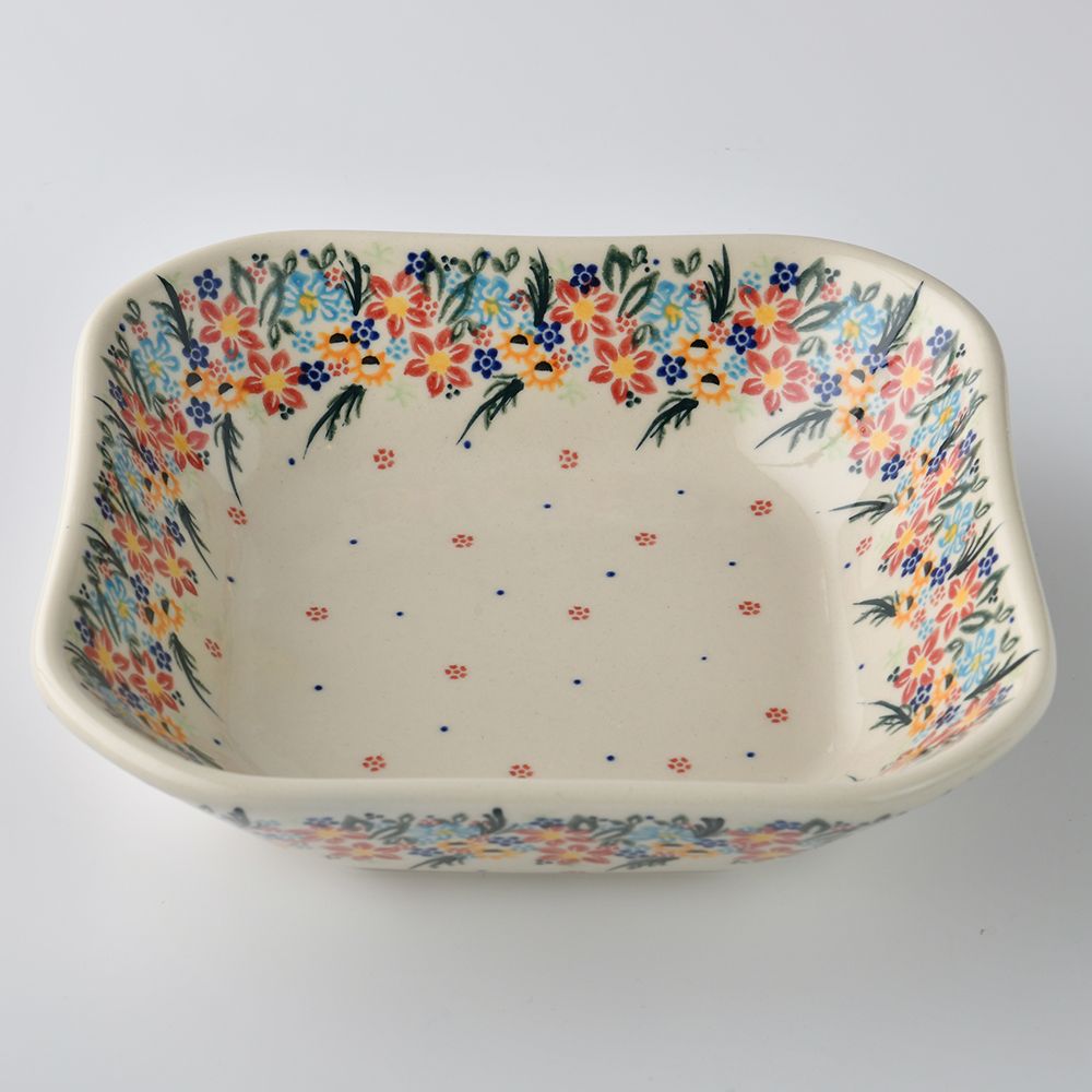 Handmade Polish Pottery Vena square deep plate 20cm floral dream Boleslawiec Ceramics