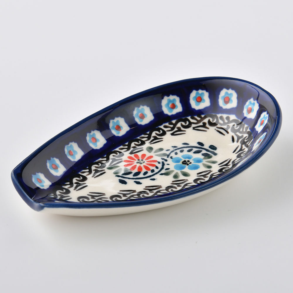 Handmade Polish Pottery Zaklady spoon rest flower vines Boleslawiec Ceramics