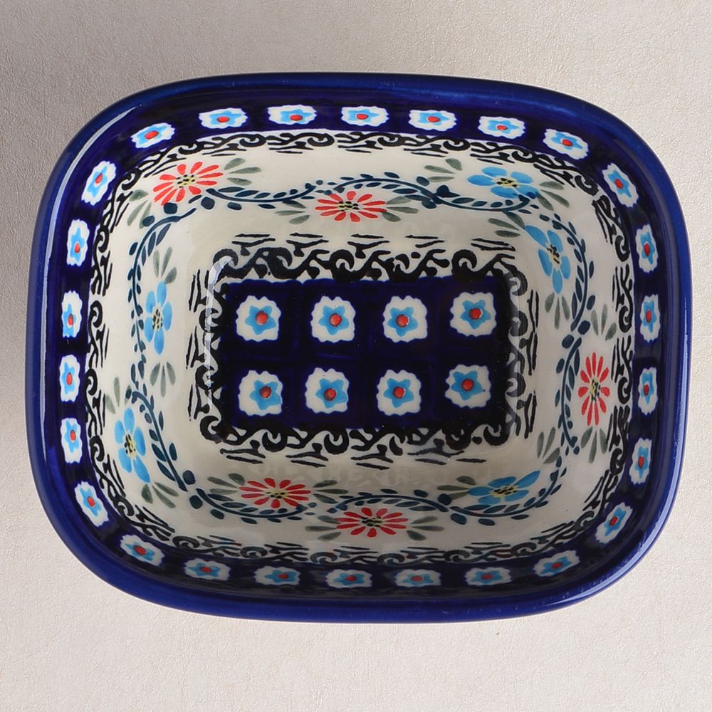 Handmade Polish Pottery Zaklady rectangular bowl,snack bowl,13cm flower vines Boleslawiec Ceramics