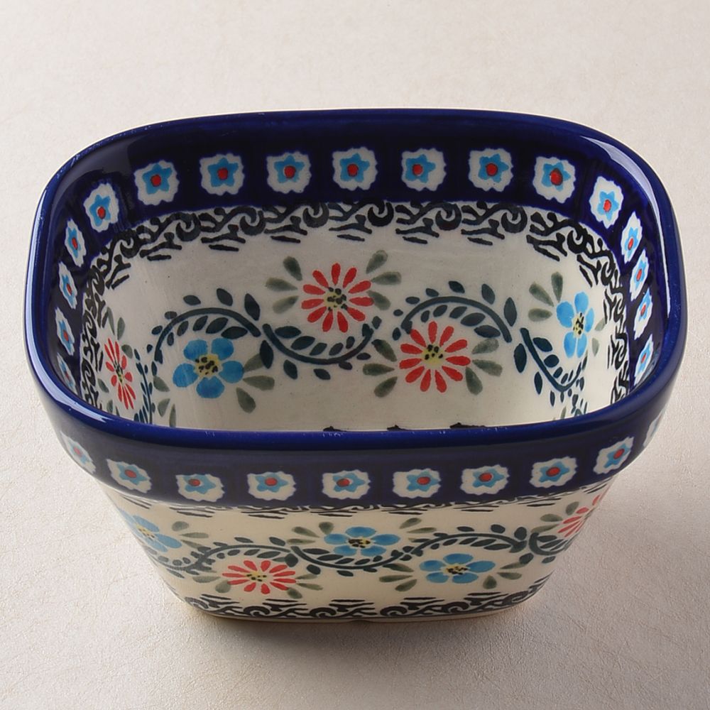 Handmade Polish Pottery Zaklady rectangular bowl,snack bowl,13cm flower vines Boleslawiec Ceramics
