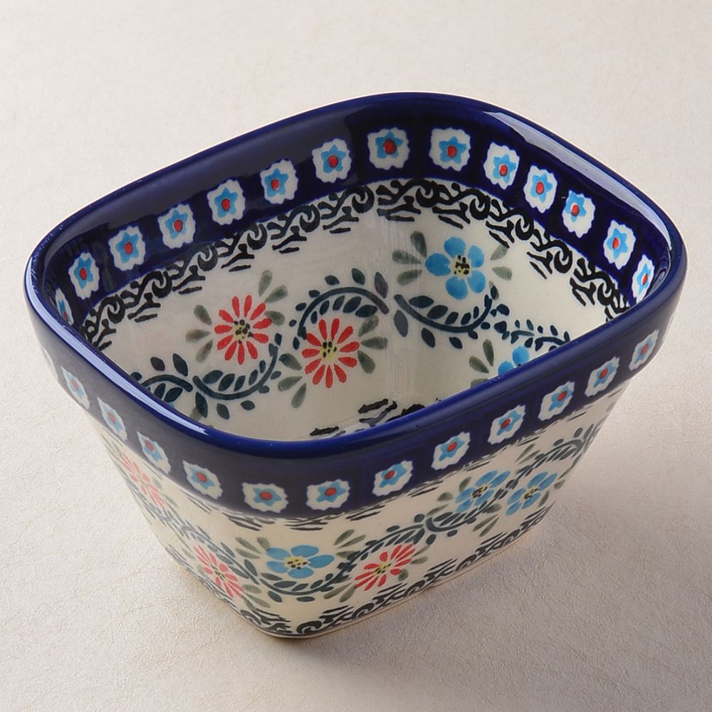Handmade Polish Pottery Zaklady rectangular bowl,snack bowl,13cm flower vines Boleslawiec Ceramics