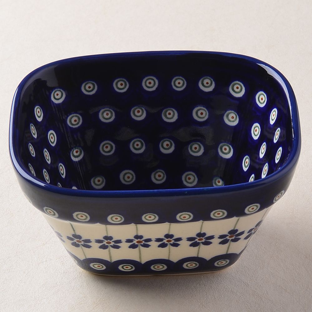 Handmade Polish Pottery Zaklady rectangular bowl,snack bowl,13cm blue peacock Boleslawiec Ceramics