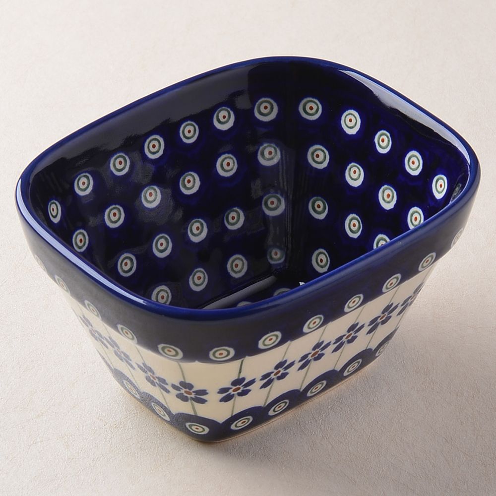 Handmade Polish Pottery Zaklady rectangular bowl,snack bowl,13cm blue peacock Boleslawiec Ceramics