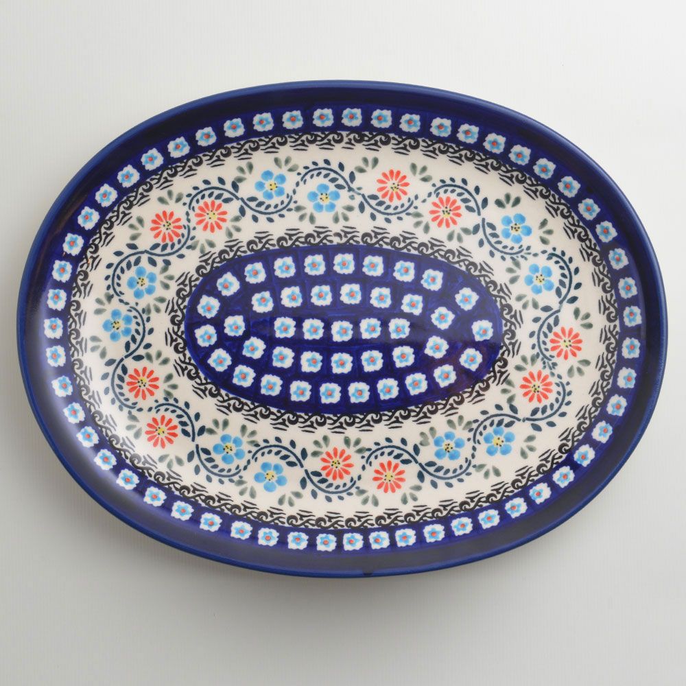 Handmade Polish Pottery Zaklady oval serving platter 29cm flower vines Boleslawiec Ceramics